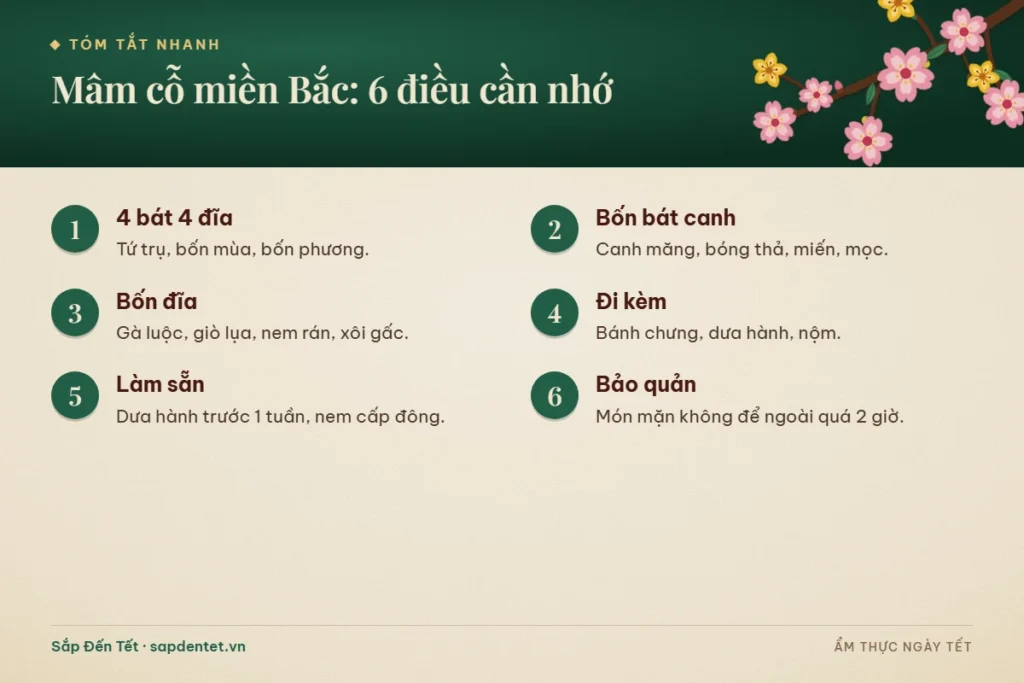 Tóm tắt 6 điều cần nhớ về mâm cỗ Tết miền Bắc: lệ 4 bát 4 đĩa, bốn bát canh, bốn đĩa gà, giò, nem, xôi gấc, món đi kèm bánh chưng dưa hành, làm sẵn trước Tết và bảo quản đồ ăn