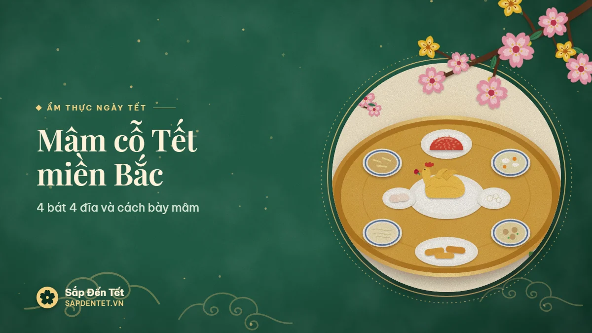 Minh họa mâm cỗ Tết miền Bắc nhìn từ trên xuống: mâm đồng với bốn bát canh măng, canh bóng, canh miến, canh mọc và các đĩa gà luộc, xôi gấc, nem rán, giò lụa, kèm bánh chưng và cành đào