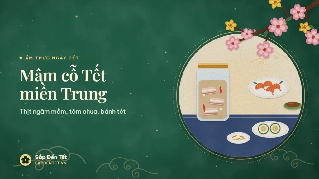 Minh họa mâm cỗ Tết miền Trung: hũ thủy tinh thịt heo ngâm nước mắm có tỏi ớt, đĩa tôm chua, đĩa bánh tét cắt khoanh, đĩa dưa món và bánh tổ gói lá chuối