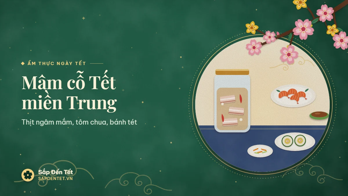 Minh họa mâm cỗ Tết miền Trung: hũ thủy tinh thịt heo ngâm nước mắm có tỏi ớt, đĩa tôm chua, đĩa bánh tét cắt khoanh, đĩa dưa món và bánh tổ gói lá chuối