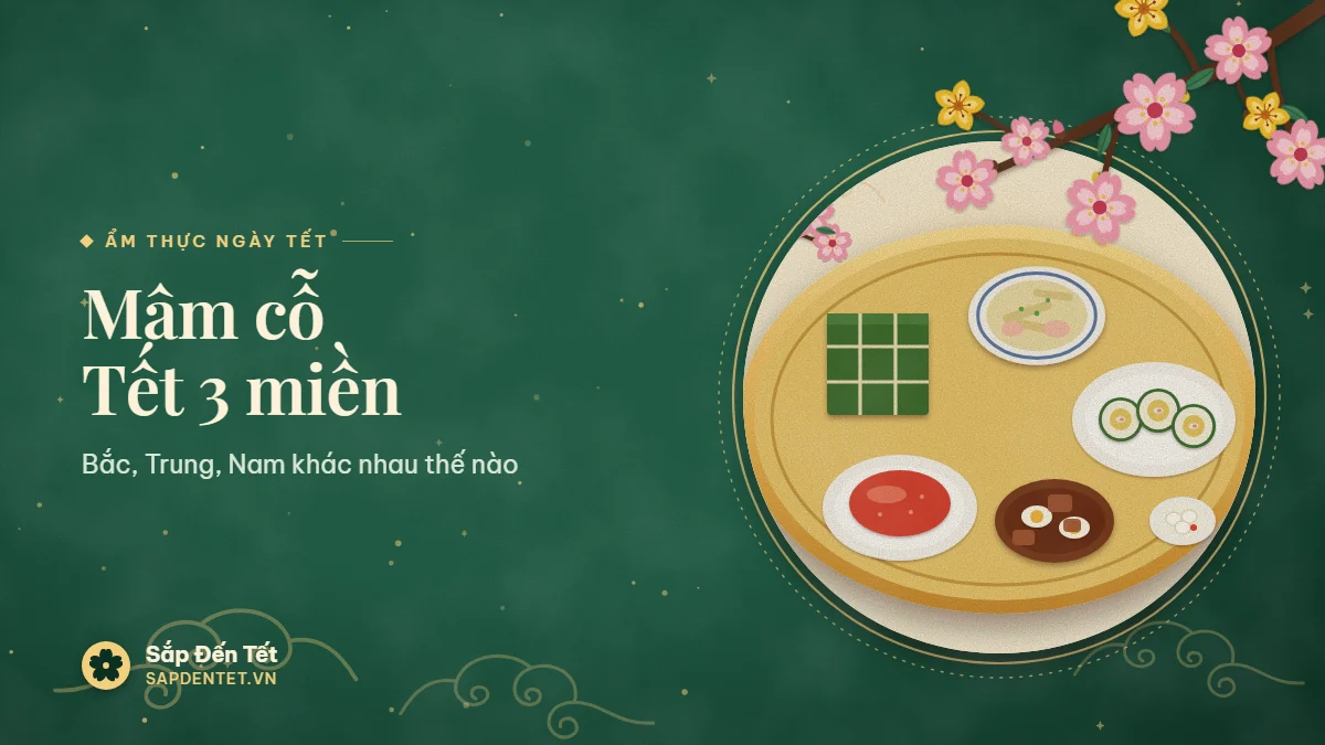 Minh họa mâm cỗ Tết ba miền nhìn từ trên xuống: mâm đồng có bánh chưng vuông, bát canh măng, đĩa bánh tét cắt khoanh, đĩa xôi gấc, nồi thịt kho hột vịt và đĩa dưa hành, bên mép là cành đào và cành mai