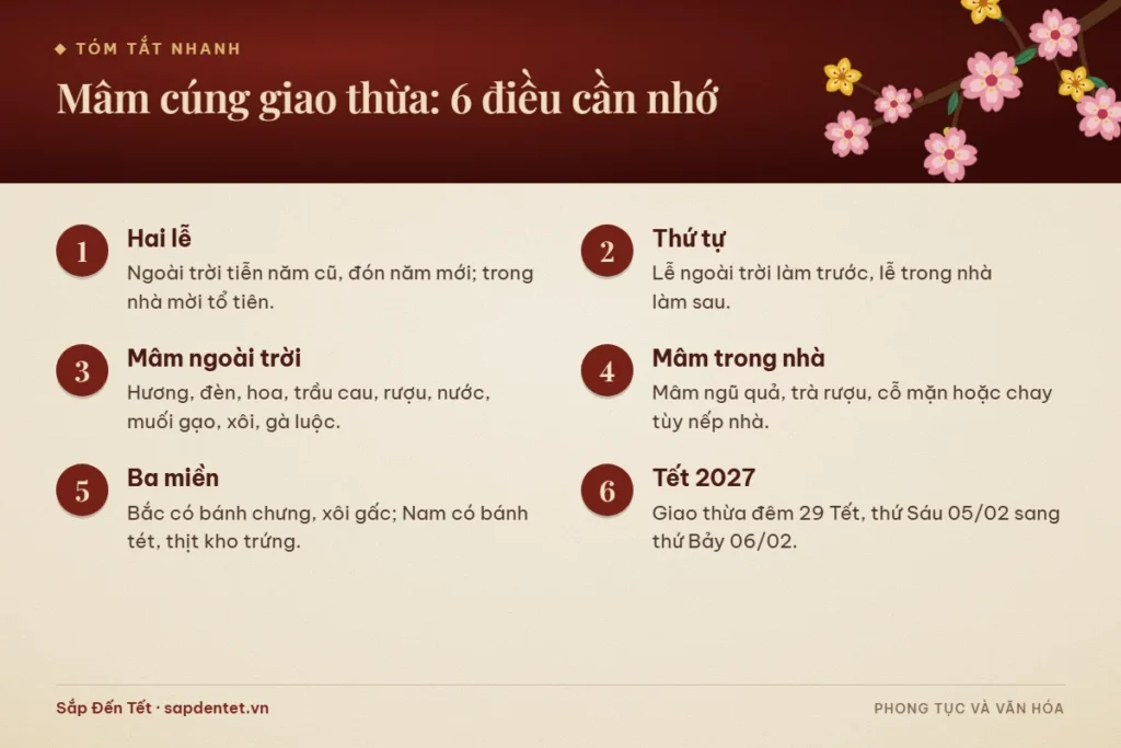 Tóm tắt 6 điều cần nhớ về mâm cúng giao thừa: hai lễ ngoài trời và trong nhà, thứ tự cúng, lễ vật mỗi mâm, khác biệt ba miền và thời điểm giao thừa Tết 2027 vào đêm 29 Tết