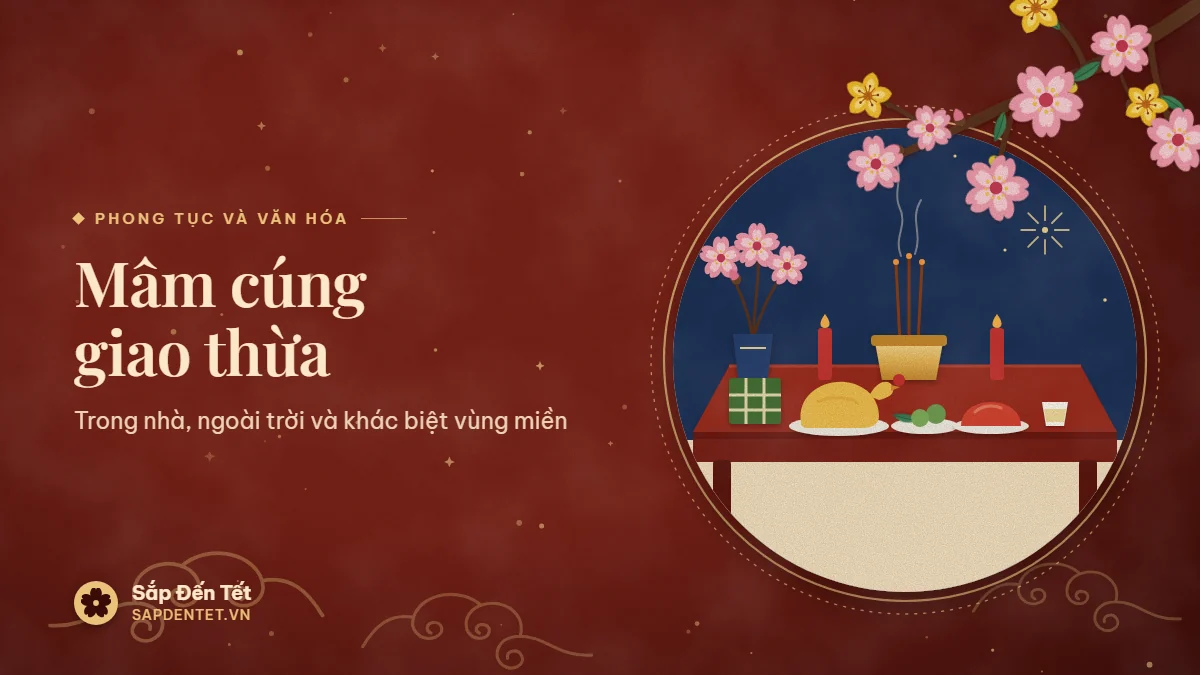 Minh họa mâm cúng giao thừa ngoài trời dưới trời đêm: gà luộc, xôi gấc, bình hoa đào, hai cây nến, bát hương, bánh chưng, trầu cau và chén rượu trên bàn sơn đỏ