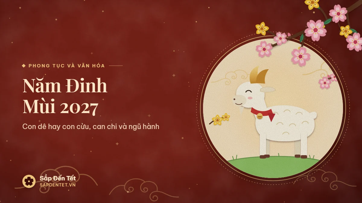 Minh họa năm Đinh Mùi 2027: chú dê giấy cắt sừng vàng, quàng khăn đỏ có chuông, đứng trên gò cỏ giữa hoa đào và hoa mai