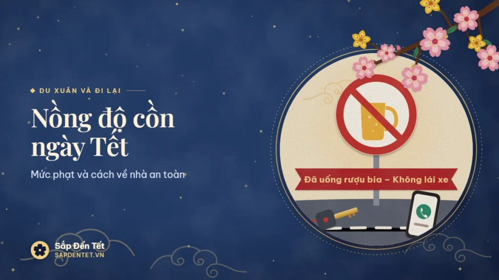Minh họa nồng độ cồn ngày Tết: biển cấm gạch chéo cốc bia trên đường, dải băng đỏ ghi Đã uống rượu bia – Không lái xe, chìa khóa ô tô và điện thoại gọi xe