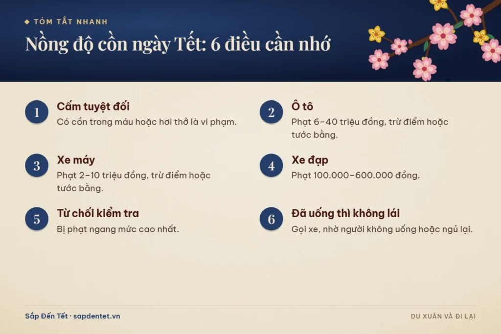 Tóm tắt 6 điều cần nhớ về nồng độ cồn ngày Tết: cấm tuyệt đối, mức phạt với ô tô, xe máy, xe đạp, từ chối kiểm tra bị phạt ngang mức cao nhất và đã uống thì không lái xe