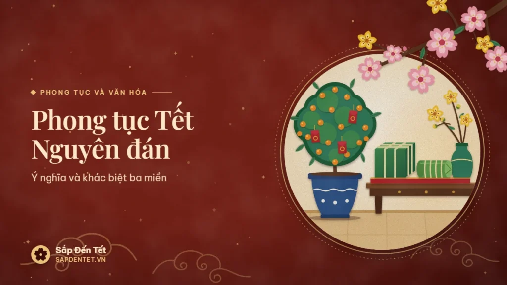 Minh họa phong tục Tết: chậu quất treo bao lì xì, khay bánh chưng vuông và bánh tét dài trên bàn thấp, bình hoa mai vàng
