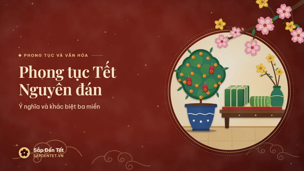 Minh họa phong tục Tết: chậu quất treo bao lì xì, khay bánh chưng vuông và bánh tét dài trên bàn thấp, bình hoa mai vàng