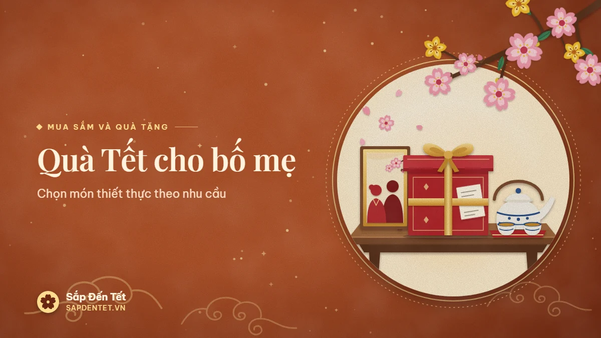 Minh họa quà Tết cho bố mẹ: hộp quà đỏ buộc nơ vàng kèm thiệp viết tay, bộ ấm chén trà sứ trên khay và khung ảnh gia đình trên bàn gỗ