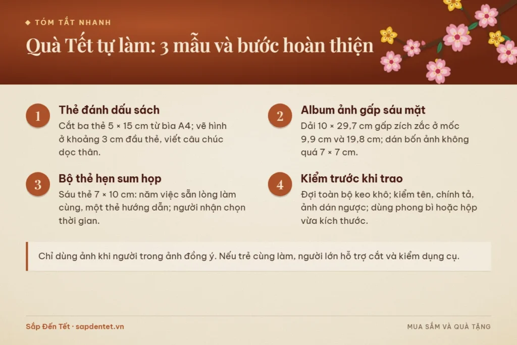 Tóm tắt quà Tết tự làm: thẻ đánh dấu sách, album ảnh gấp sáu mặt, bộ thẻ hẹn sum họp và các bước kiểm trước khi trao