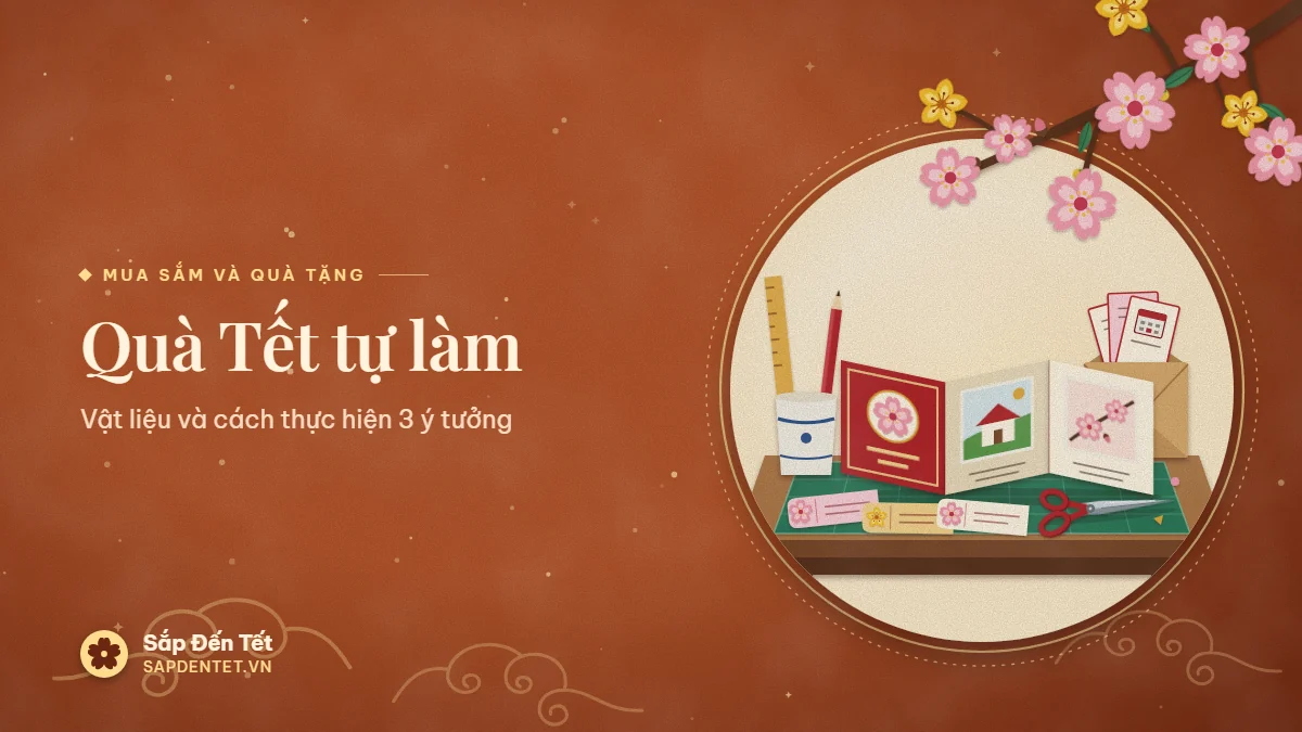 Minh họa quà Tết tự làm: album ảnh gấp zích zắc, ba thẻ đánh dấu sách, phong bì kraft đựng thẻ hẹn, cây kéo và cốc cắm thước, bút chì