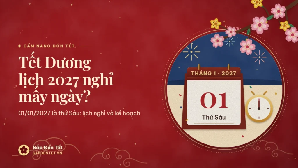 Minh họa Tết Dương lịch 2027: lịch để bàn ghi 01 tháng 1 năm 2027 thứ Sáu, đồng hồ chỉ nửa đêm, pháo hoa trên nền trời đêm và hoa giấy