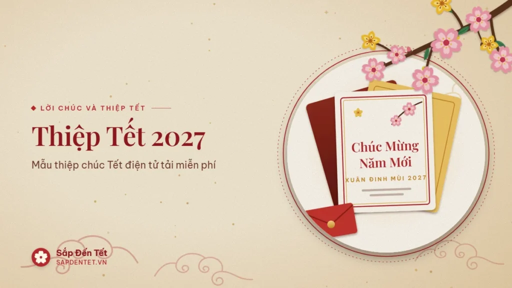 Minh họa thiệp Tết 2027: ba tấm thiệp xếp hình quạt đỏ, vàng, kem với chữ Chúc Mừng Năm Mới, cành đào và phong bao lì xì