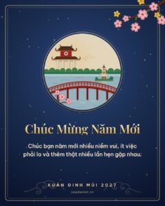 Thiệp Tết 2027 nền xanh đêm, tranh cầu Thê Húc và Tháp Rùa bên hồ Gươm, lời chúc bạn bè năm mới nhiều niềm vui