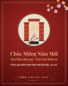 Thiệp Tết 2027 nền đỏ, tranh cặp câu đối Hoa khai phú quý, Trúc báo bình an và lời chúc gia đình năm mới đủ đầy