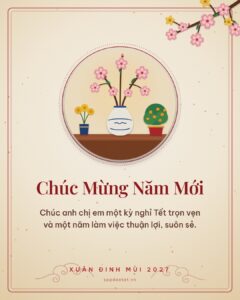 Thiệp Tết 2027 nền kem, tranh bình hoa đào và chậu quất, lời chúc đồng nghiệp nghỉ Tết trọn vẹn, làm việc thuận lợi
