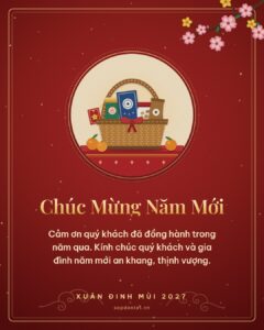 Thiệp Tết 2027 nền đỏ, tranh giỏ quà Tết, lời cảm ơn và chúc khách hàng năm mới an khang thịnh vượng