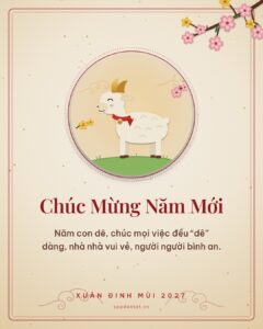 Thiệp Tết 2027 nền kem, tranh chú dê giấy cắt, lời chúc năm con dê mọi việc đều dê dàng