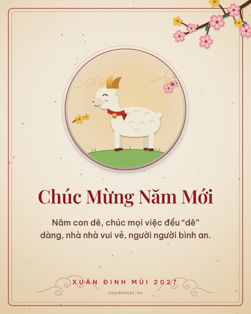 Thiệp Tết 2027 nền kem, tranh chú dê giấy cắt, lời chúc năm con dê mọi việc đều dê dàng