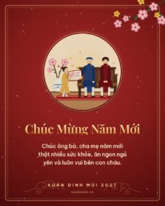 Thiệp Tết 2027 nền đỏ, tranh ông bà nhận lời chúc Tết của cháu, lời chúc ông bà cha mẹ năm mới sức khỏe, vui bên con cháu