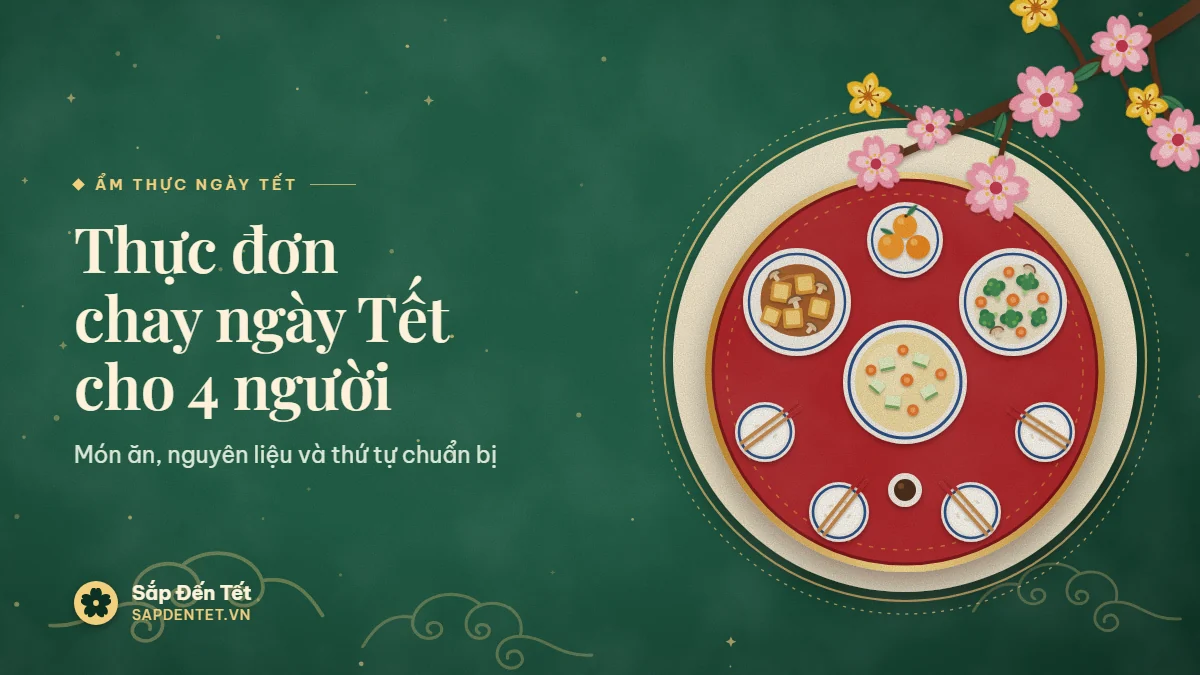 Minh họa thực đơn chay ngày Tết: mâm cơm nhìn từ trên với đậu phụ sốt nấm, rau củ xào, canh bí cà rốt, bốn bát cơm và đĩa trái cây