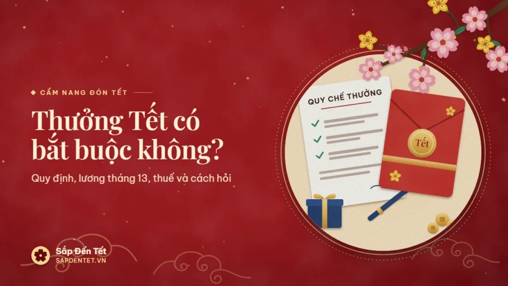 Minh họa thưởng Tết: văn bản quy chế thưởng có dấu tích và chữ ký, phong bì thưởng đỏ có con dấu vàng chữ Tết, hộp quà và đồng xu