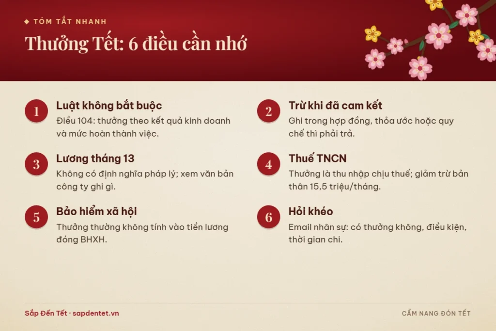 Tóm tắt 6 điều cần nhớ về thưởng Tết: luật không bắt buộc, trừ khi đã cam kết trong hợp đồng hay quy chế, lương tháng 13 không có định nghĩa pháp lý, thuế thu nhập cá nhân, bảo hiểm xã hội và cách hỏi công ty