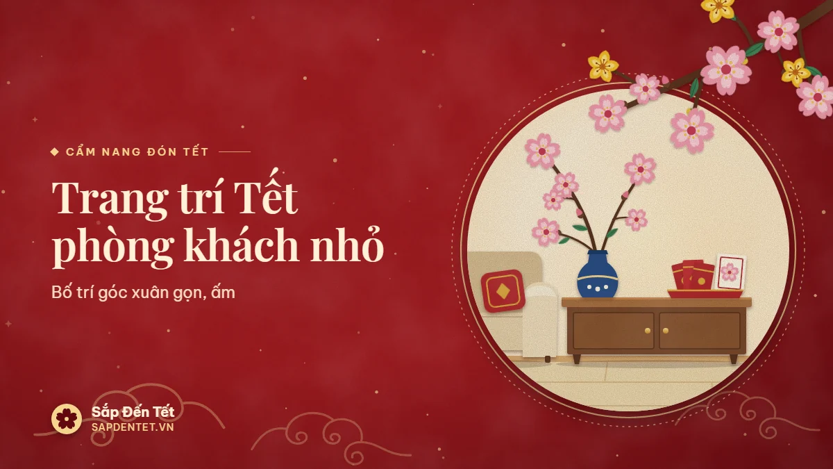 Minh họa trang trí Tết phòng khách nhỏ: tủ gỗ thấp với bình hoa đào đặt lệch, khay có thiệp và ba phong bao đỏ, cạnh sofa kem có gối đỏ