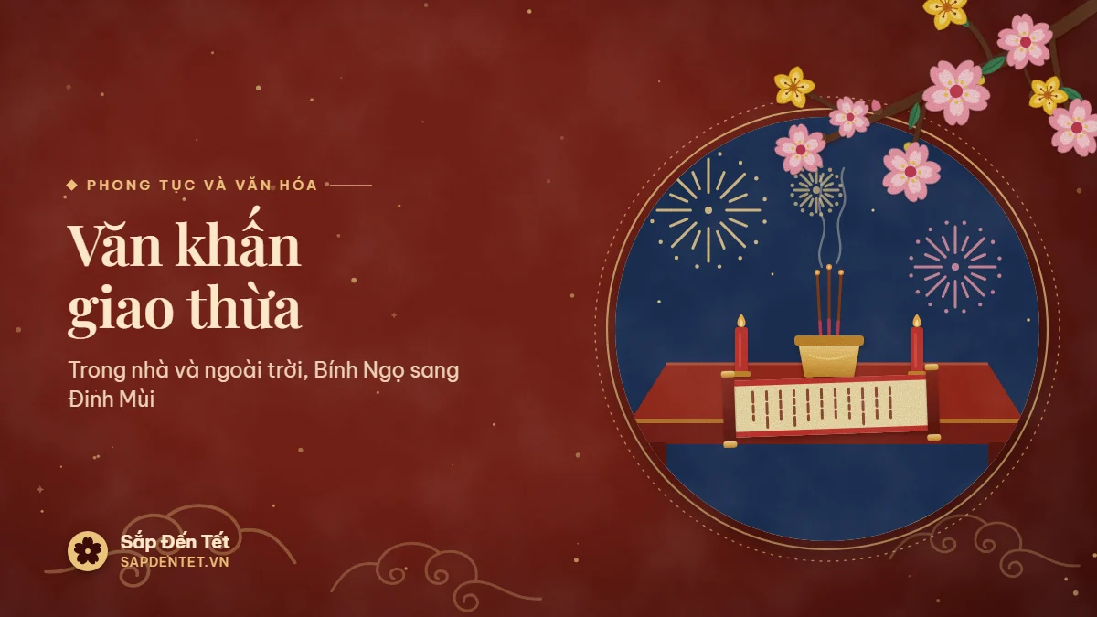 Minh họa văn khấn giao thừa: bàn lễ ngoài trời đêm cuối năm, pháo hoa trên trời đêm xanh thẫm, lư hương đồng với ba nén hương đang cháy giữa hai cây nến đỏ và cuộn giấy văn khấn đặt trên bàn