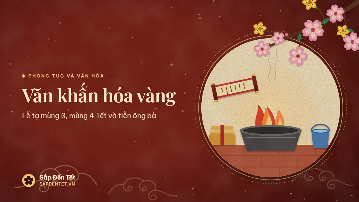 Minh họa văn khấn hóa vàng: chậu kim loại đặt trên sân gạch với giấy vàng mã đang cháy thành ngọn lửa nhỏ và khói bốc lên, chồng vàng mã buộc dây đỏ, xô nước bên cạnh và cuộn giấy văn khấn
