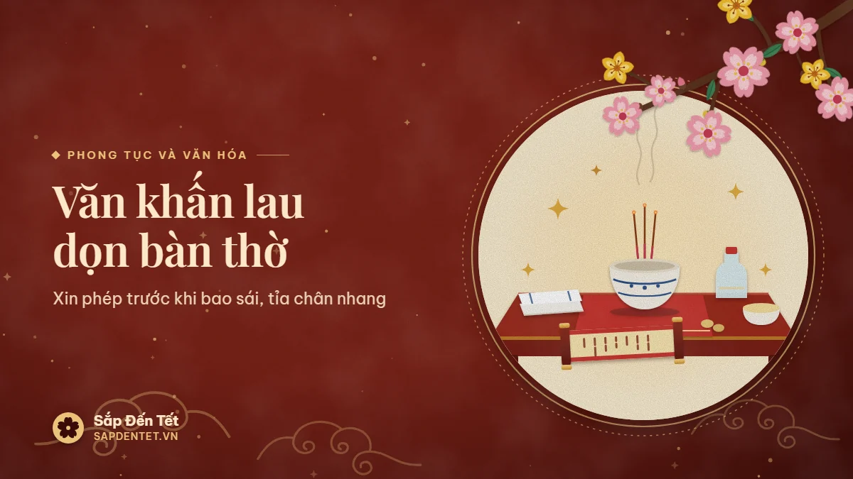 Minh họa văn khấn lau dọn bàn thờ: bàn thờ sơn đỏ vừa lau sạch với bát hương sứ trắng hoa lam, khăn lau gấp gọn, bát rượu gừng và lát gừng, chai rượu nhỏ, những đốm sáng vàng và cuộn giấy văn khấn