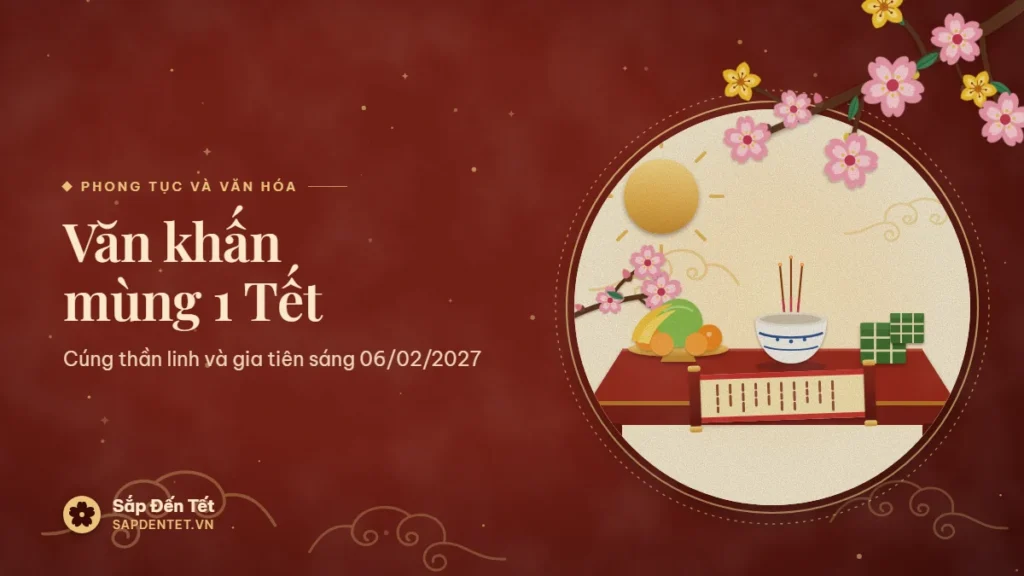 Minh họa văn khấn mùng 1 Tết: bàn thờ sáng đầu năm với mặt trời vàng, cành hoa đào, mâm ngũ quả, bát hương sứ trắng hoa lam có ba nén hương, hai chiếc bánh chưng và cuộn giấy văn khấn
