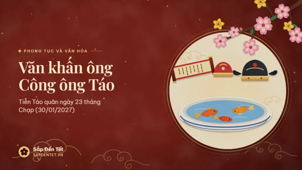 Minh họa văn khấn ông Công ông Táo: chậu sứ trắng hoa lam đựng nước với ba con cá chép đỏ cam, mũ ông Công màu đen có cánh chuồn, mũ bà màu đỏ viền vàng và cuộn giấy văn khấn