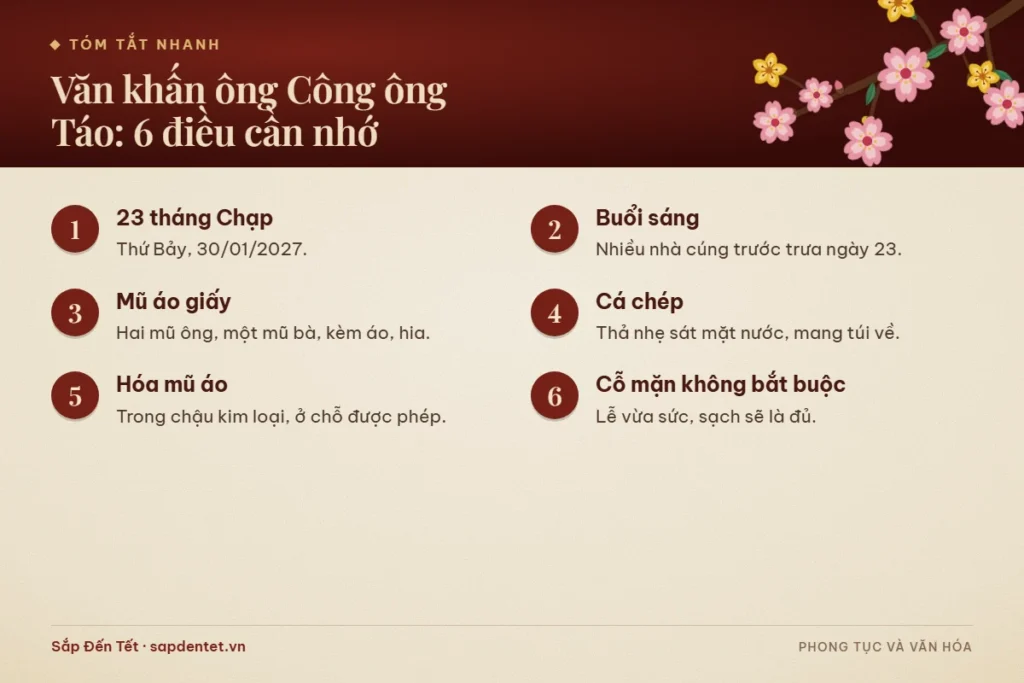 Tóm tắt 6 điều cần nhớ về văn khấn ông Công ông Táo: ngày 23 tháng Chạp là thứ Bảy 30/01/2027, cúng buổi sáng, mũ áo giấy, thả cá chép đúng cách, hóa mũ áo an toàn và mâm cỗ mặn không bắt buộc