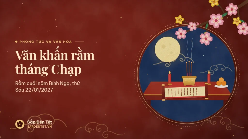 Minh họa văn khấn rằm tháng Chạp: trăng tròn vàng nhạt và mây trên nền trời đêm xanh thẫm, bàn lễ với lư hương đồng ba nén hương, hai cây nến đỏ, đĩa cam, khăn trải đỏ và cuộn giấy văn khấn