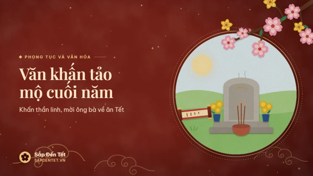 Minh họa văn khấn tảo mộ cuối năm: ngôi mộ sạch sẽ trên đồi cỏ xanh buổi sáng, bia đá bo tròn không ghi chữ, hai bình hoa cúc vàng, bát hương đất nung có ba nén hương đang cháy và cuộn giấy văn khấn
