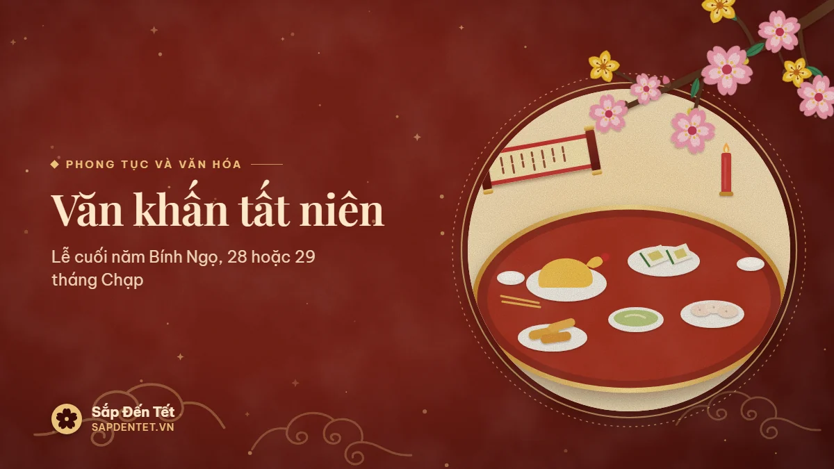 Minh họa văn khấn tất niên: mâm cơm cuối năm trên khay sơn mài đỏ nhìn từ trên xuống với gà luộc, bánh chưng cắt miếng, bát canh, giò lụa, nem rán, bát cơm, đôi đũa, cây nến và cuộn giấy văn khấn
