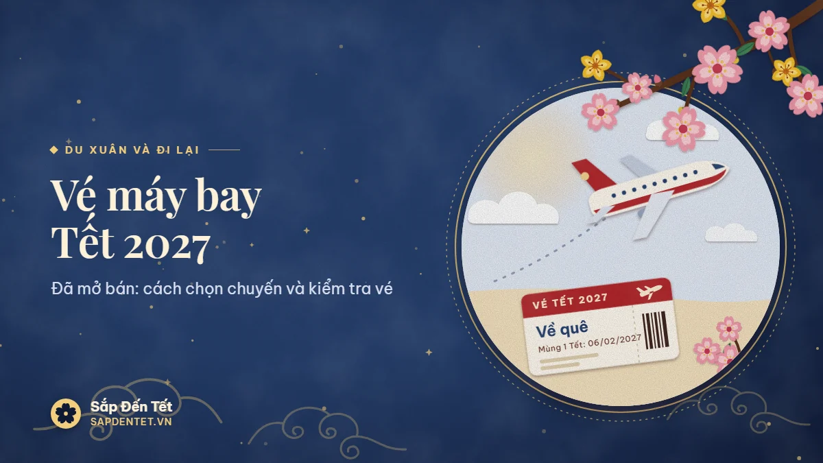 Minh họa vé máy bay Tết 2027: máy bay màu kem đuôi đỏ bay giữa mây, tấm vé về quê ăn Tết và cành đào
