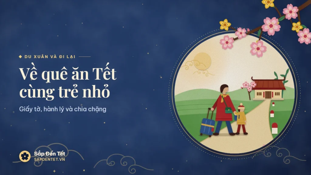 Minh họa về quê ăn Tết cùng trẻ nhỏ: người lớn dắt tay em bé, kéo vali trên đường quê có cột mốc, hướng về ngôi nhà mái ngói bên cây đào