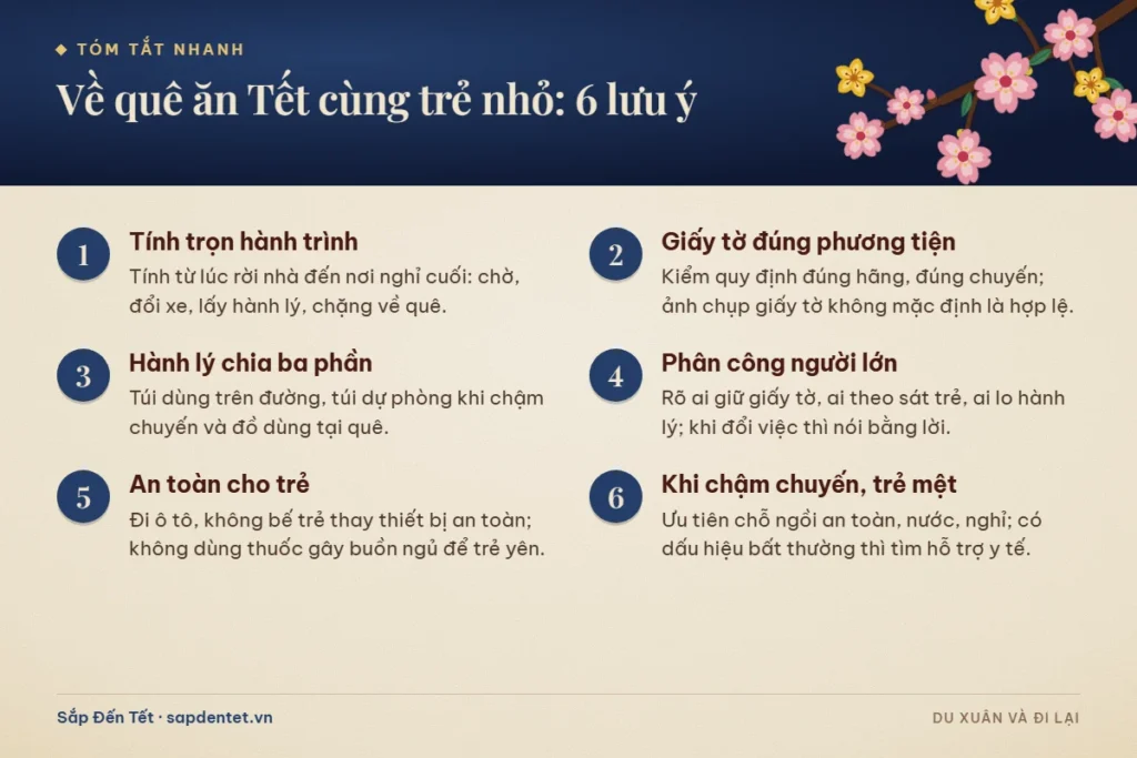 Tóm tắt 6 lưu ý khi về quê ăn Tết cùng trẻ nhỏ: tính trọn hành trình, giấy tờ, chia hành lý, phân công người lớn, an toàn và khi trẻ mệt