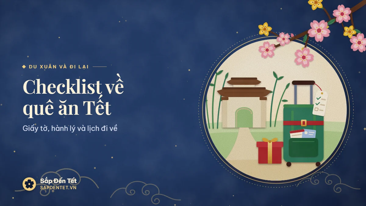 Minh họa về quê ăn Tết: vali buộc dây đỏ có thẻ checklist, túi trước kẹp vé và thẻ, hộp quà đỏ, phía sau là cổng làng và lũy tre