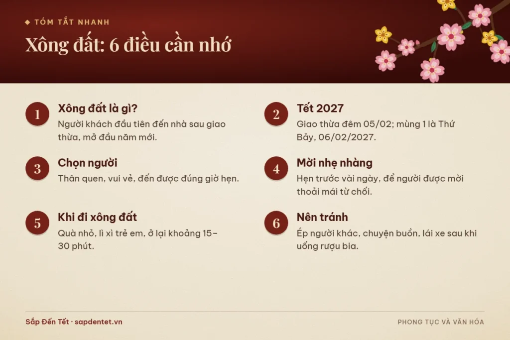 Tóm tắt 6 điều cần nhớ về tục xông đất: định nghĩa, mốc Tết 2027, cách chọn người, cách mời, chuẩn bị khi đi xông đất và những điều nên tránh