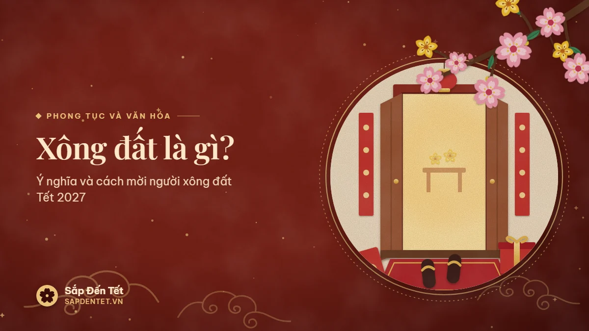 Minh họa tục xông đất: cửa gỗ mở vào gian nhà sáng ấm, đôi dép bước qua ngưỡng cửa, hộp quà, bao lì xì và đèn lồng đỏ