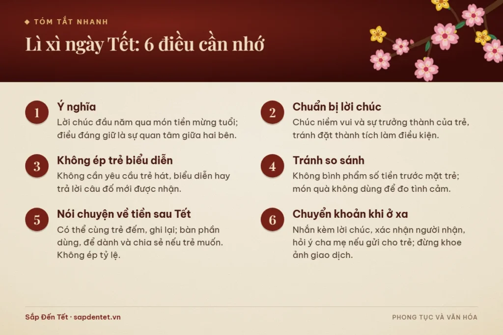 Tóm tắt 6 điều cần nhớ về lì xì ngày Tết: ý nghĩa, lời chúc, không ép trẻ biểu diễn, tránh so sánh, nói chuyện về tiền và chuyển khoản