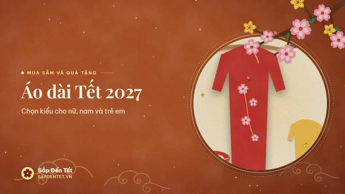 Minh họa áo dài Tết 2027: chiếc áo dài đỏ điểm hoa đào hồng treo trên móc, bên cạnh là khăn vấn đỏ cuộn tròn và một chiếc áo dài trẻ em màu vàng, phía trên là cành đào