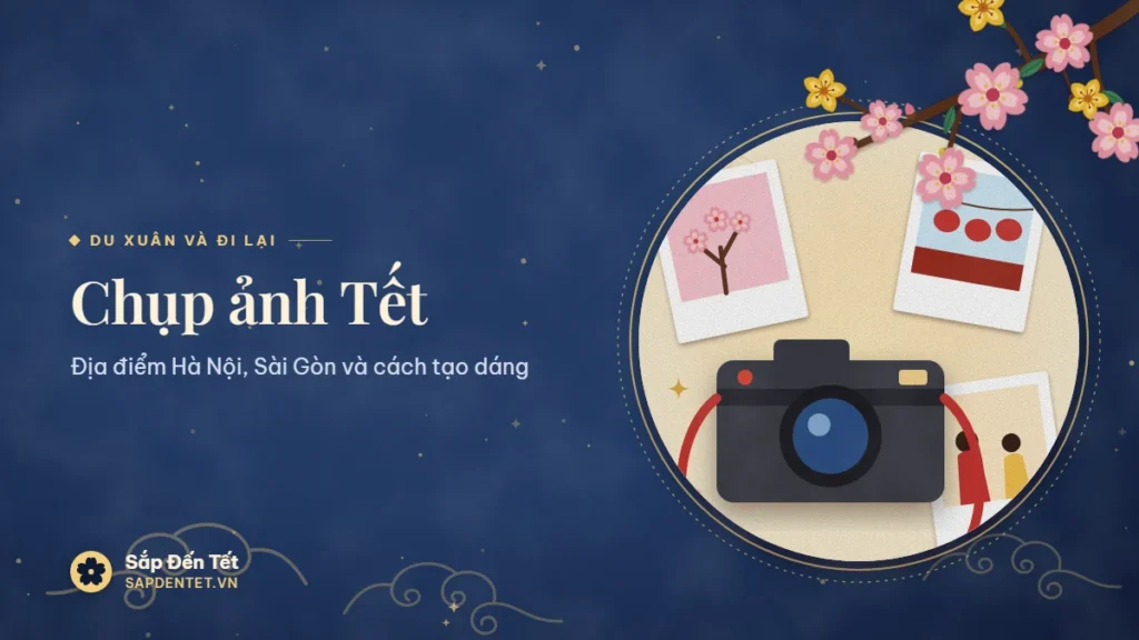 Minh họa chụp ảnh Tết: chiếc máy ảnh quai đỏ đặt trước mấy tấm ảnh in liền chụp cành đào, phố đèn lồng đỏ và người mặc áo dài, phía trên là cành đào