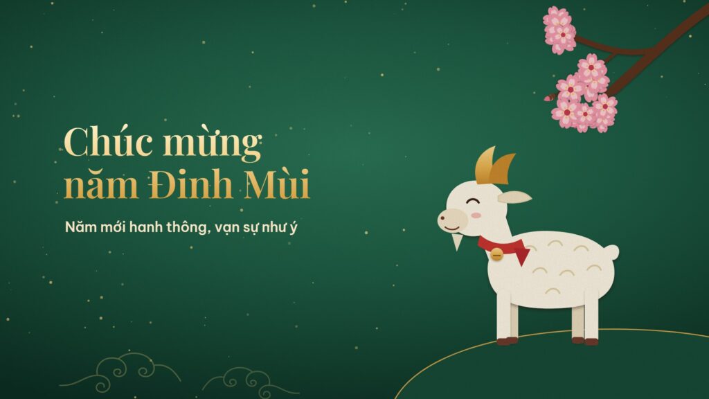 Hình nền máy tính Tết 2027 nền xanh lá đậm, chú dê trắng quàng khăn đỏ dưới cành đào, chữ vàng Chúc mừng năm Đinh Mùi, Năm mới hanh thông
