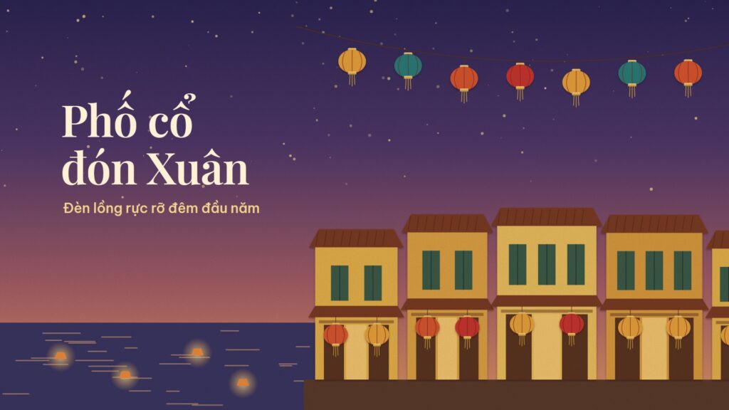 Hình nền máy tính Tết 2027 phố cổ lúc hoàng hôn với dãy nhà tường vàng mái ngói, đèn lồng nhiều màu, dòng sông và chữ Phố cổ đón Xuân