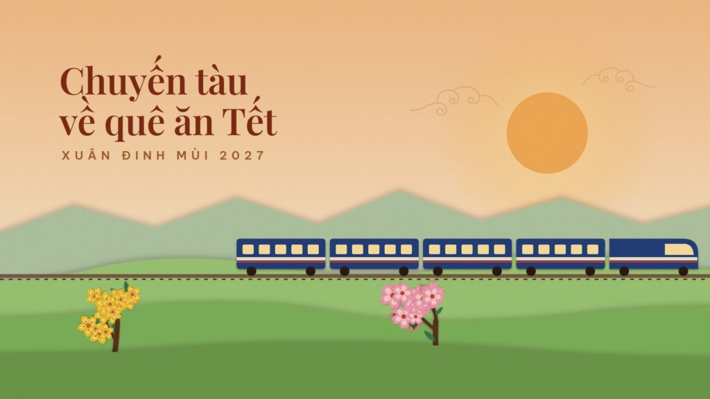 Hình nền máy tính Tết 2027 đoàn tàu xanh chạy qua đồi xanh lúc hoàng hôn, mặt trời vàng, cây đào và chữ Chuyến tàu về quê ăn Tết, Xuân Đinh Mùi 2027