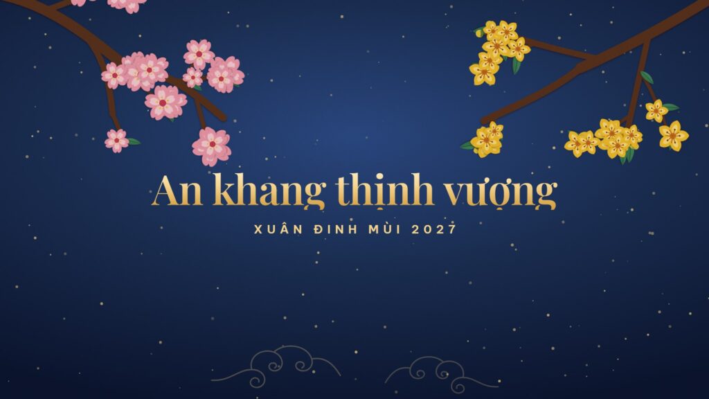 Hình nền máy tính Tết 2027 nền xanh đêm, cành đào góc trái và cành mai góc phải, chữ vàng An khang thịnh vượng, Xuân Đinh Mùi 2027